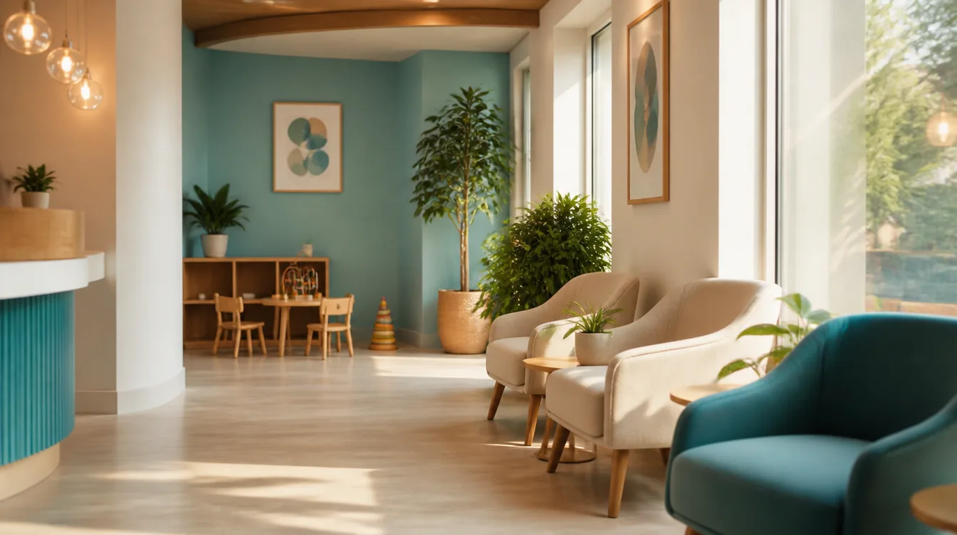 The bright, welcoming Brightside waiting lounge with a children’s play corner