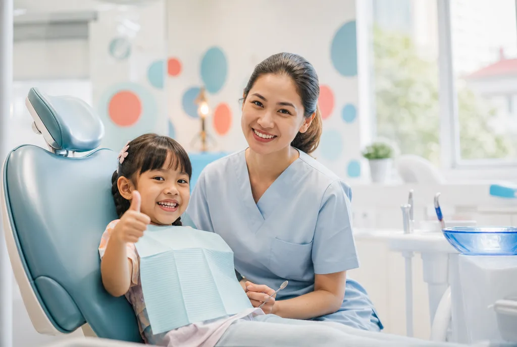 A happy child giving a thumbs up in the dental chair beside a friendly dentist