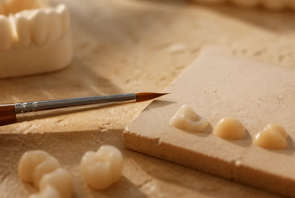 A fine sculpting brush and tooth-coloured composite — the tools of additive dentistry