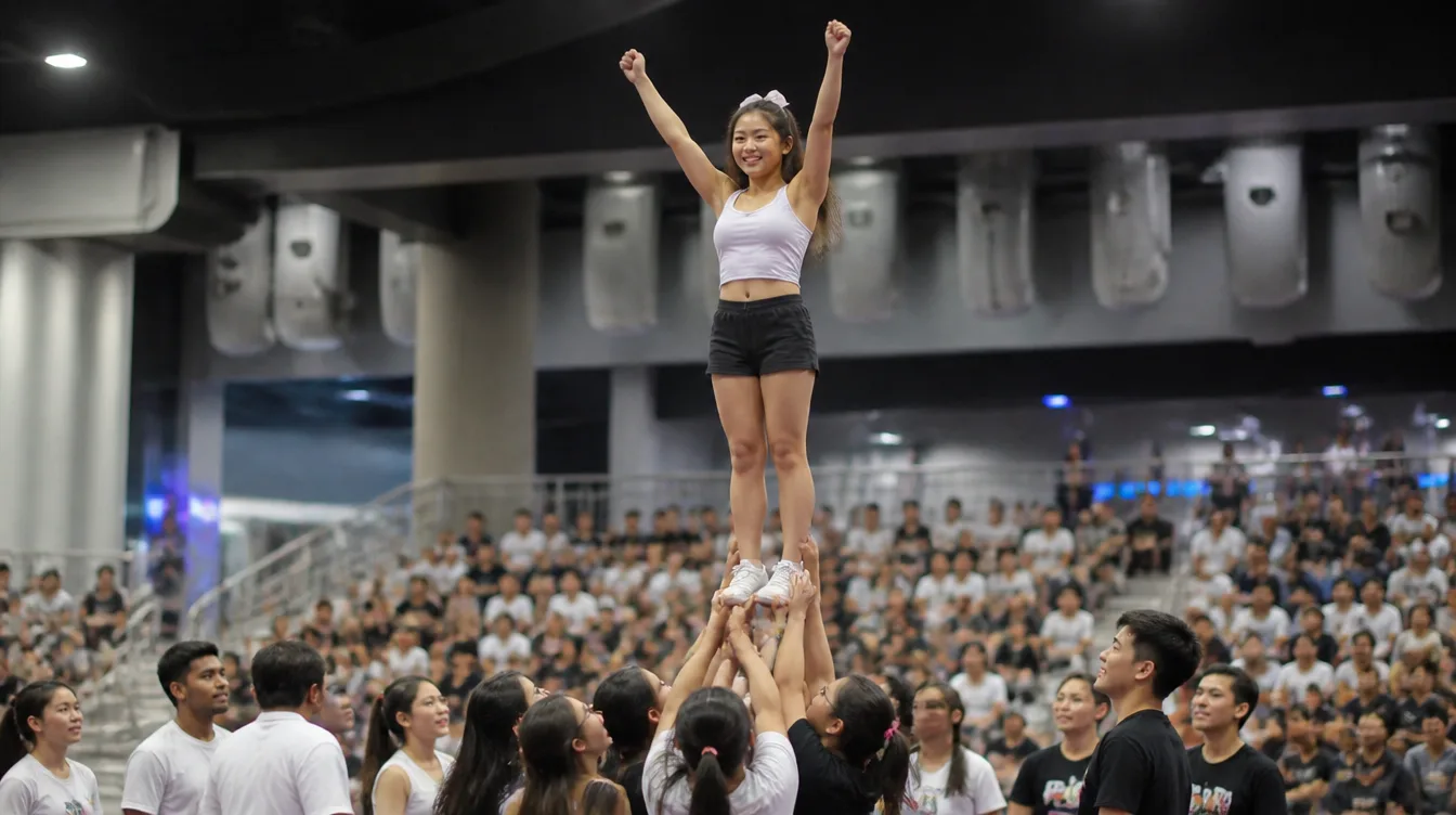 Cheer squad mid-stunt