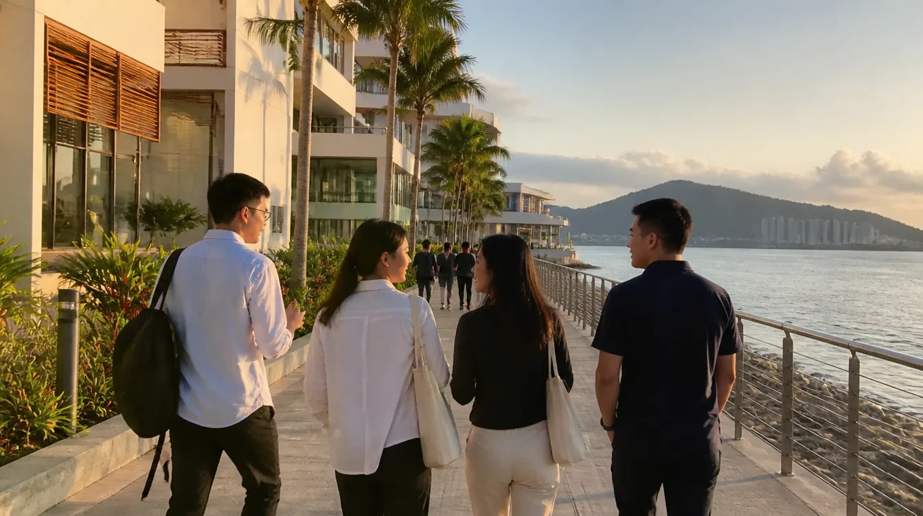 Students walking along the seafront promenade at Kenward's College