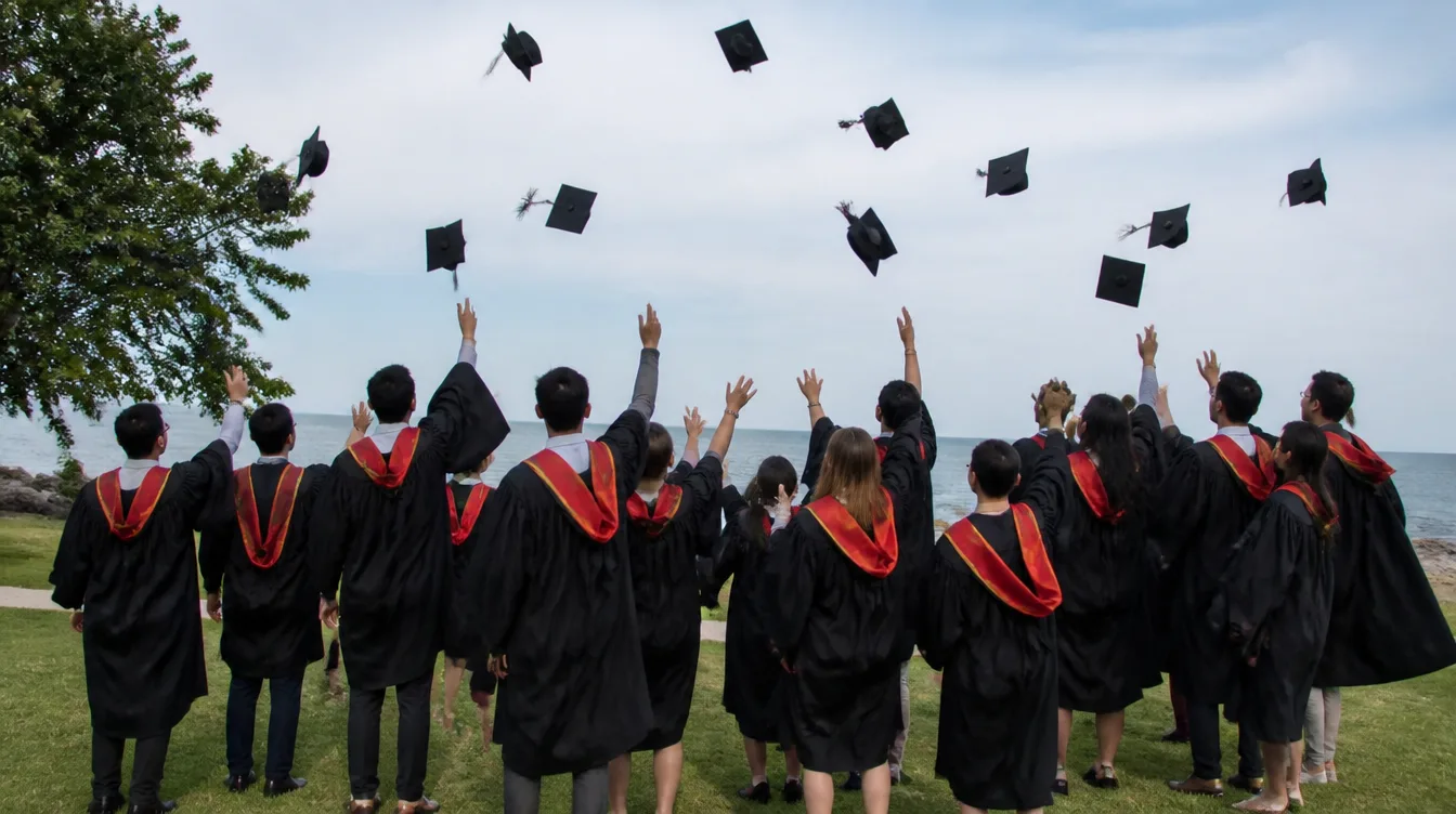 Graduates celebrating on the seafront lawn