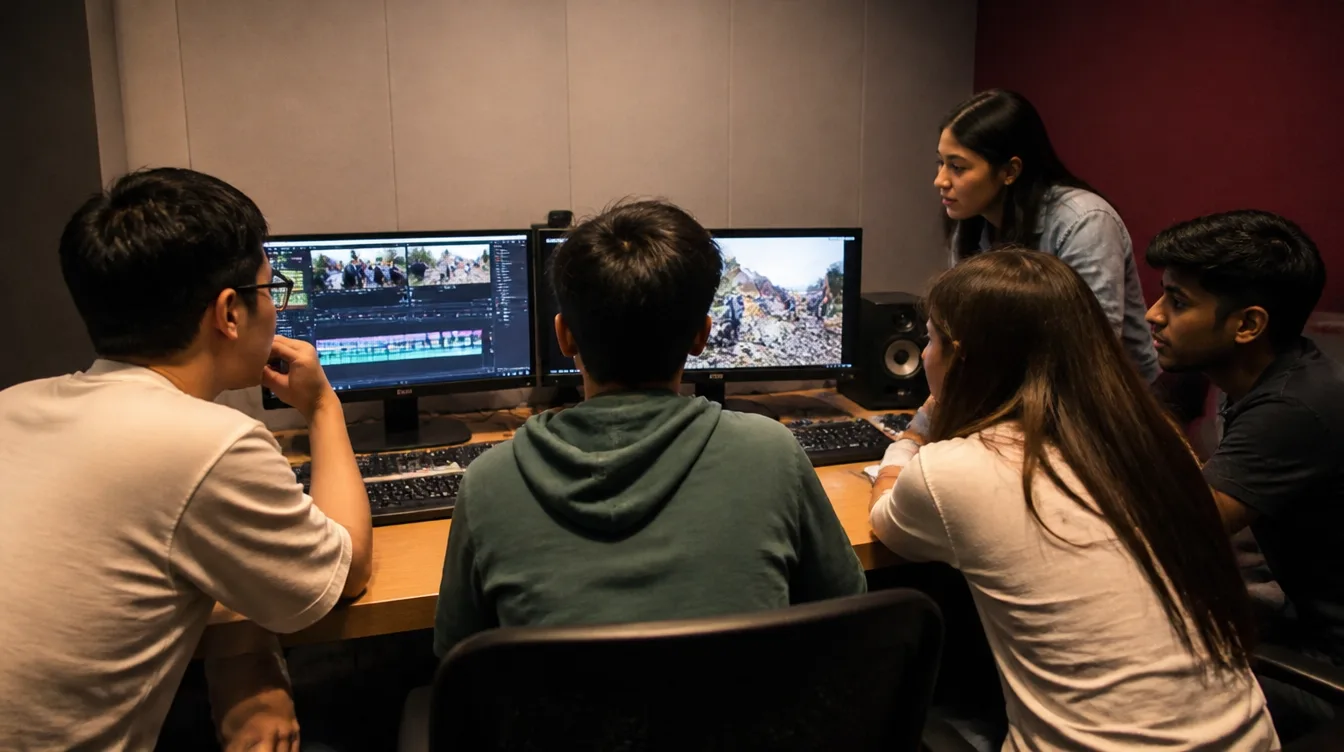 Communication students editing a documentary