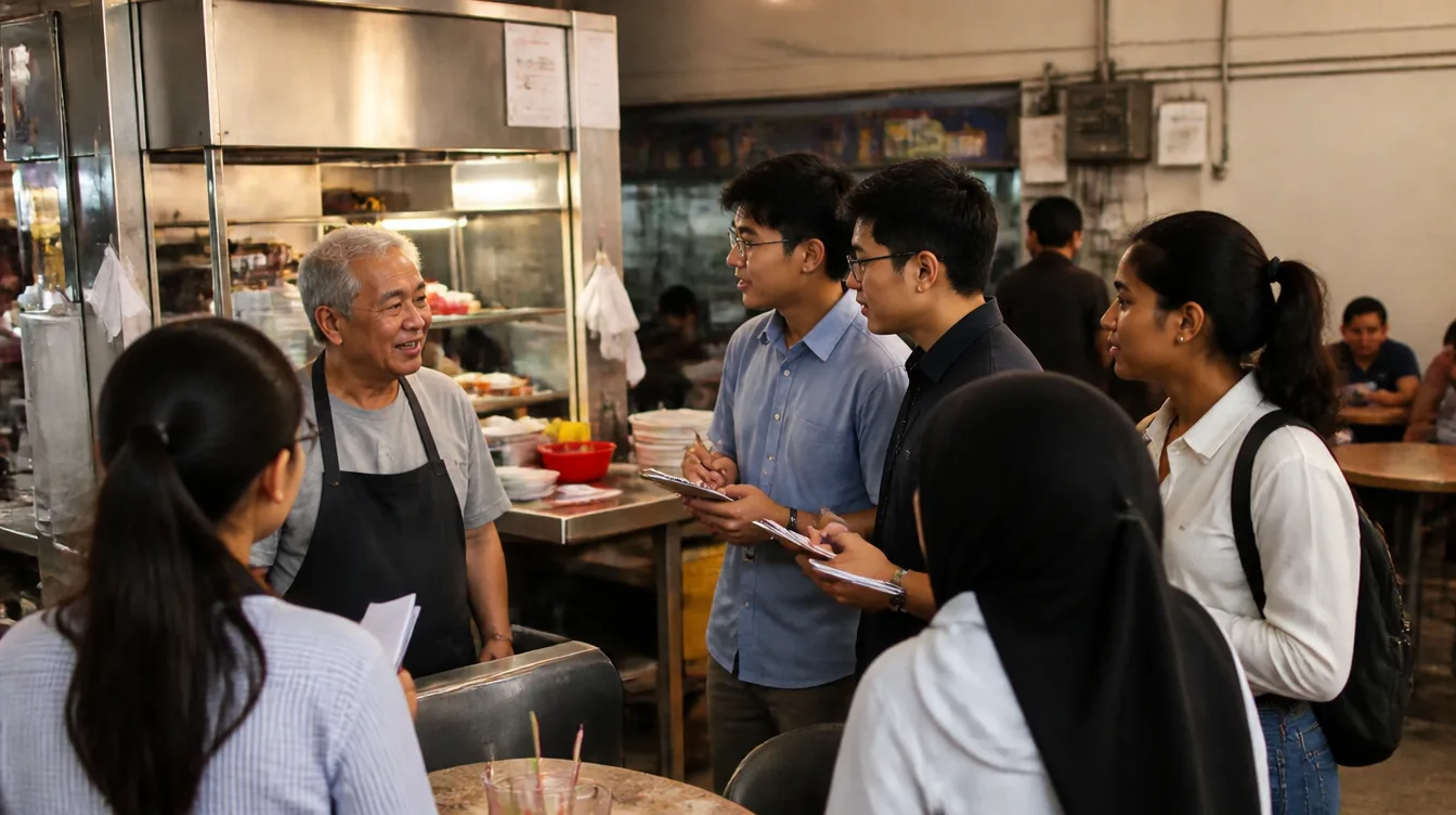 Business students interview a kopitiam owner