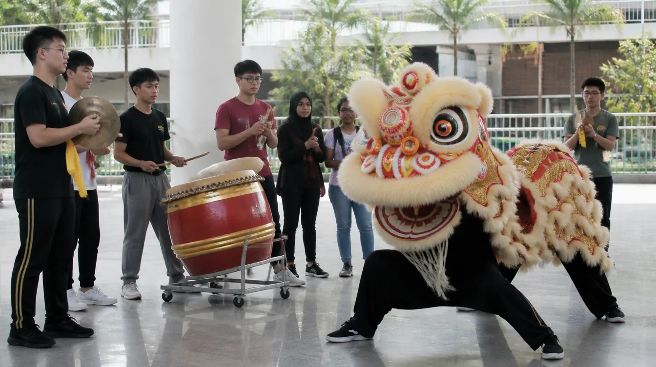 The lion dance troupe rehearsing