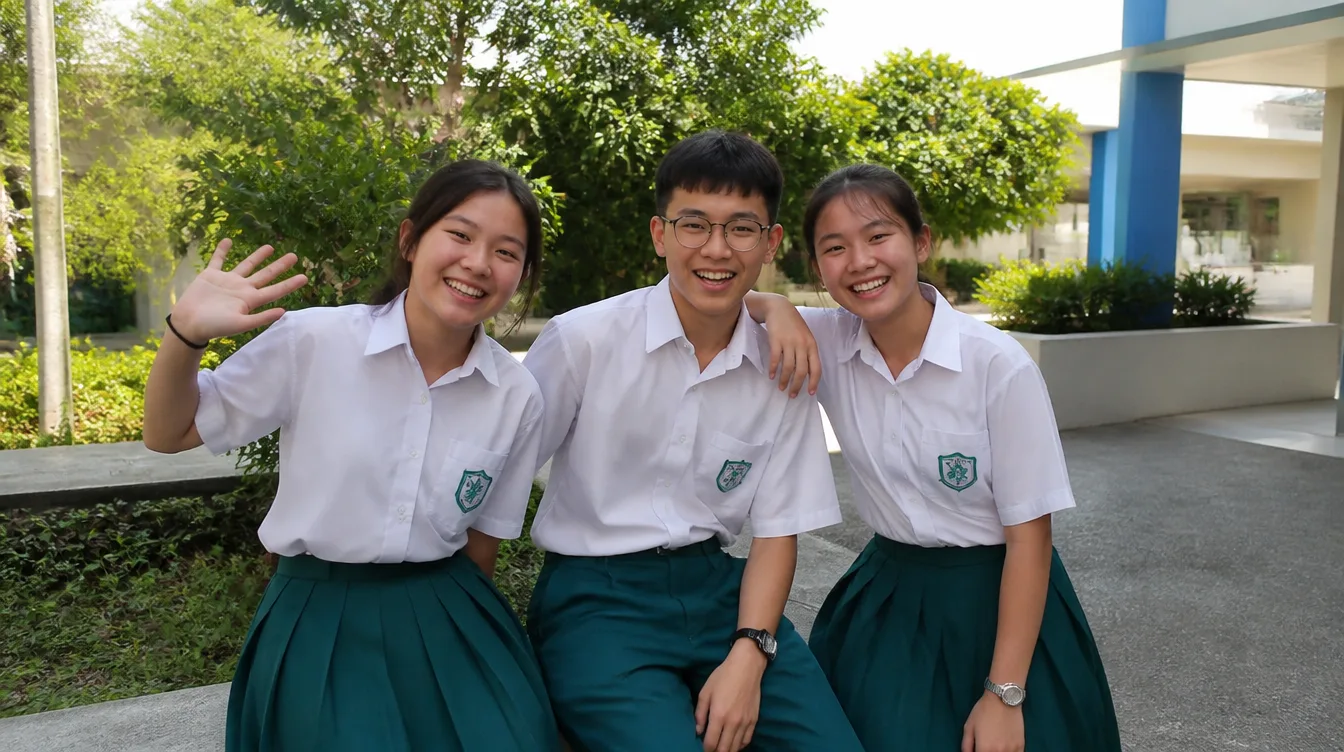 Three Lian Hwa students laughing together in the school garden