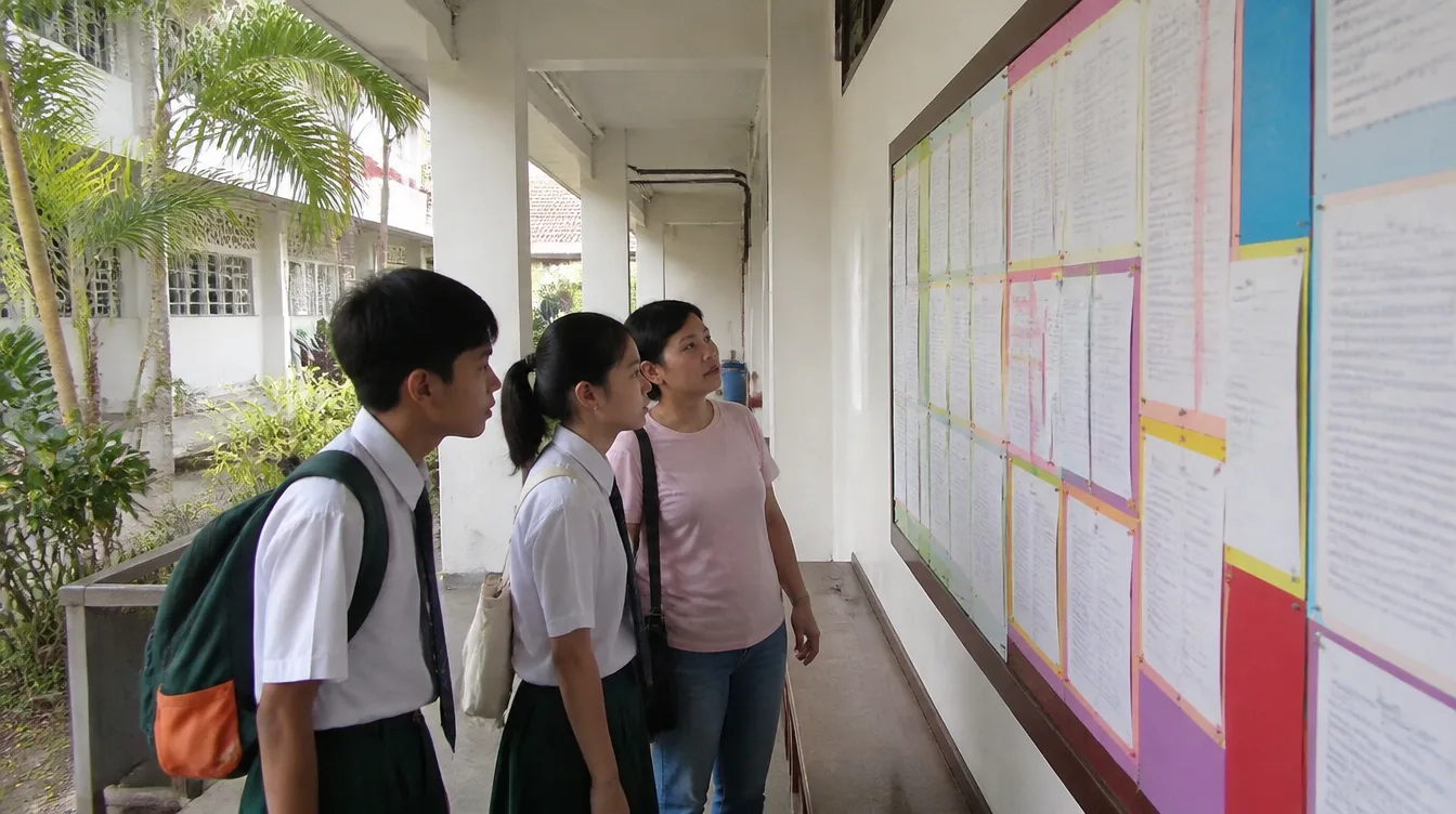 Parents and students reading the school noticeboard