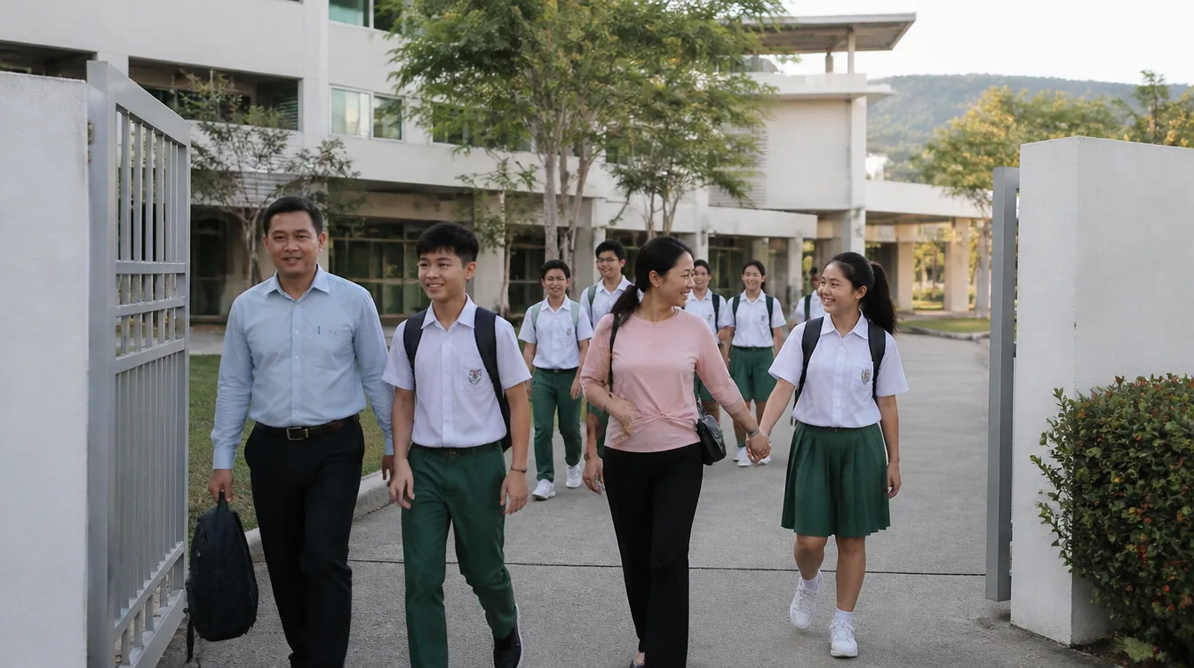 Parents walking their children through the school gate in the morning