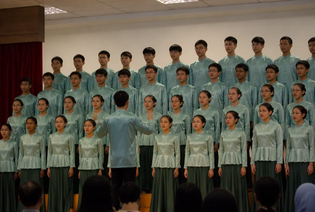 The school choir performs "Harbour Lights" in the main hall.