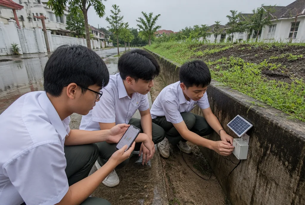 Senior 2 students install their sensor beside a monsoon drain.
