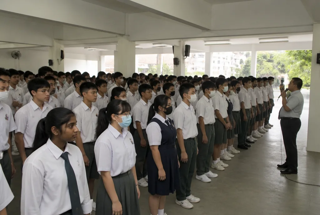 Morning assembly moved into the covered hall.