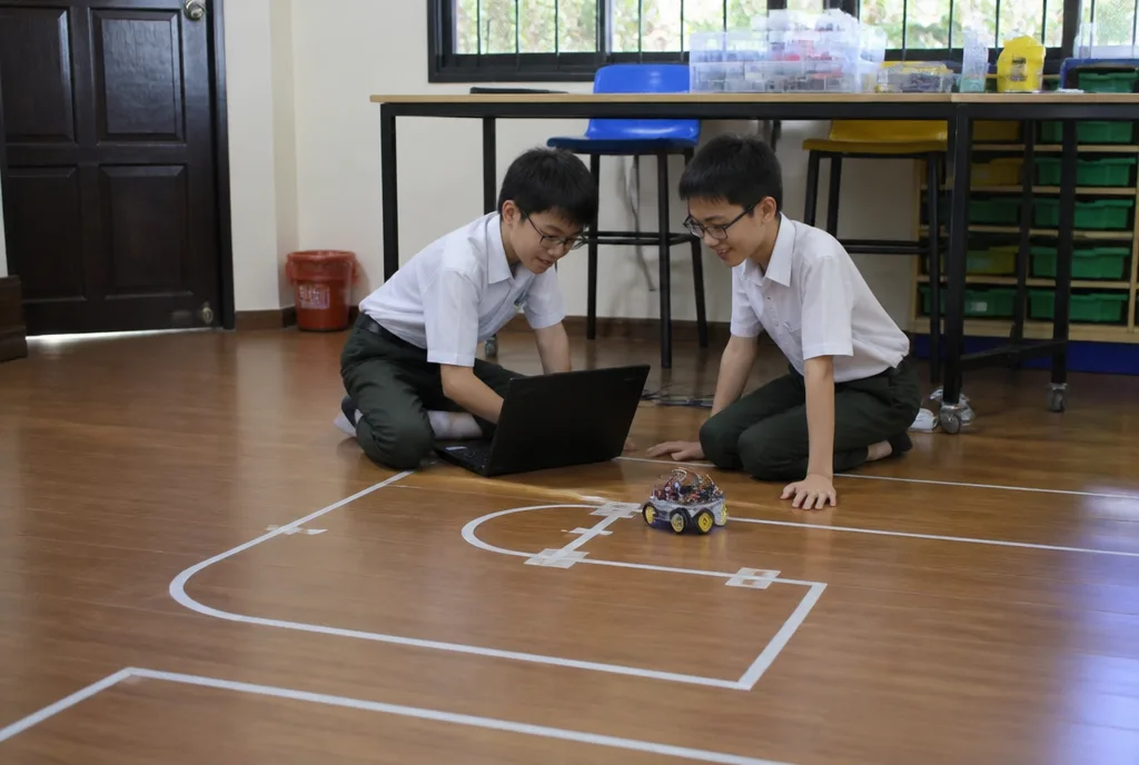 Testing the competition robot on a taped course.
