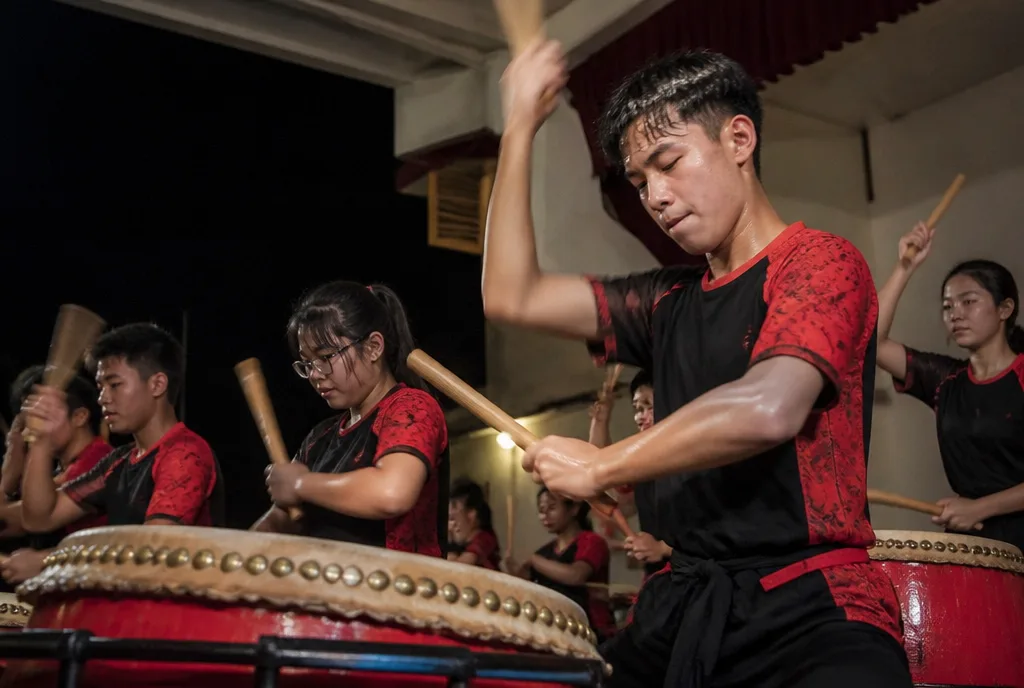Senior 1 drummer Teoh Jia Xin (centre) during the opening performance.