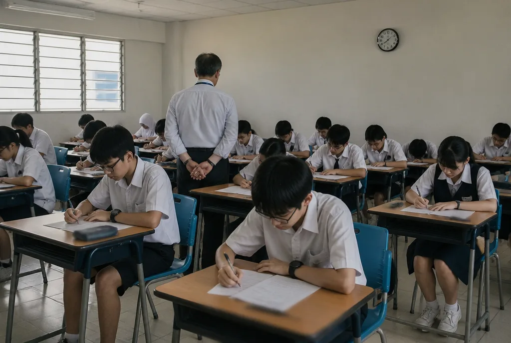 Senior 3 students in the main hall during a trial examination in August.