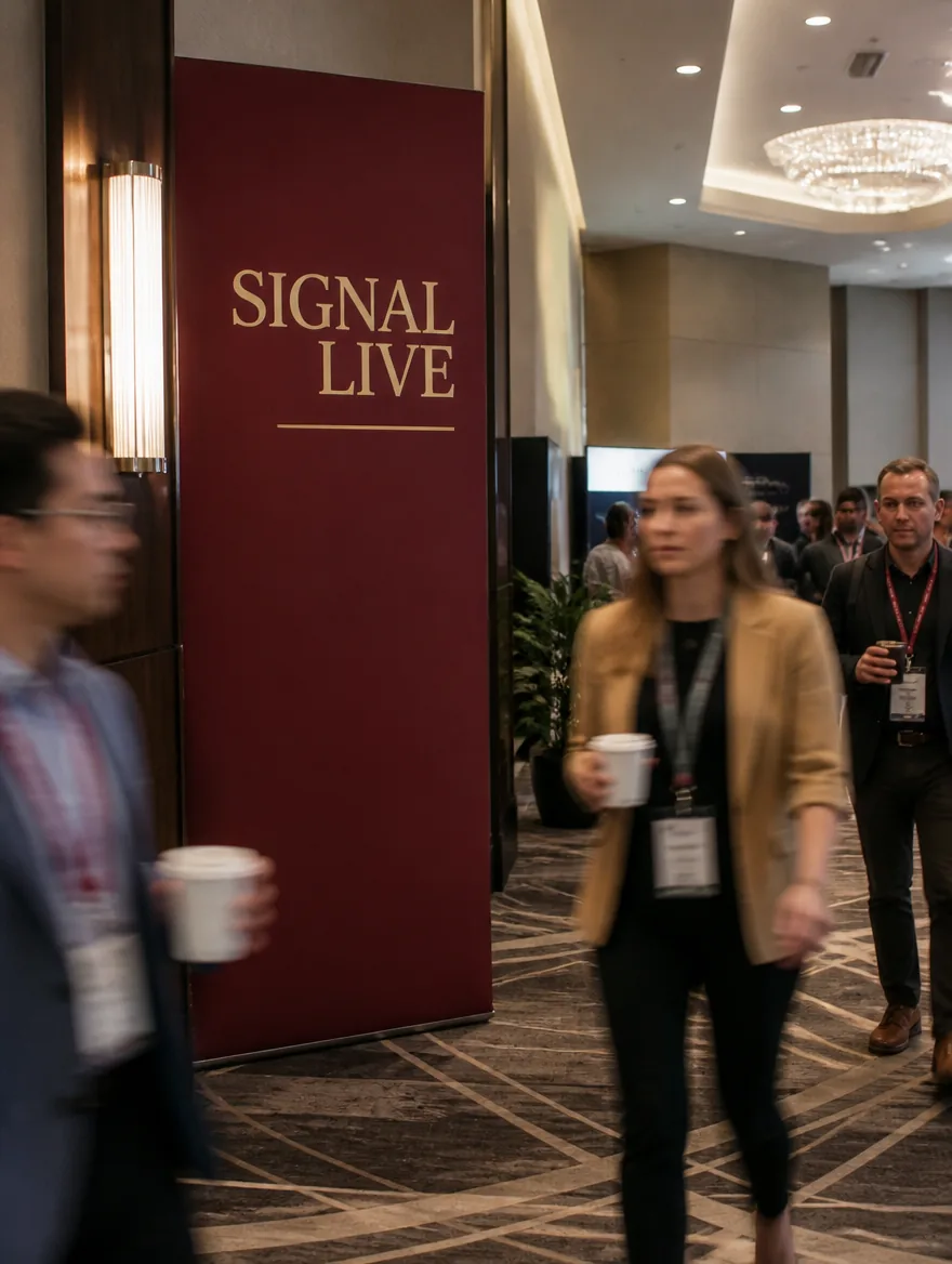 Conference hallway with a SIGNAL LIVE banner