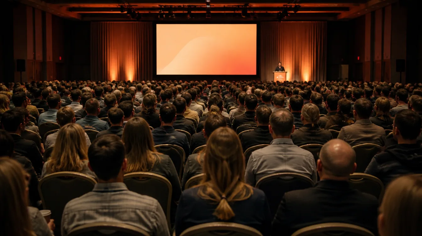 A full seminar room facing a distant stage