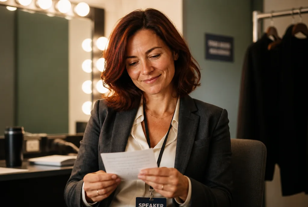 Maren in a green room before a keynote