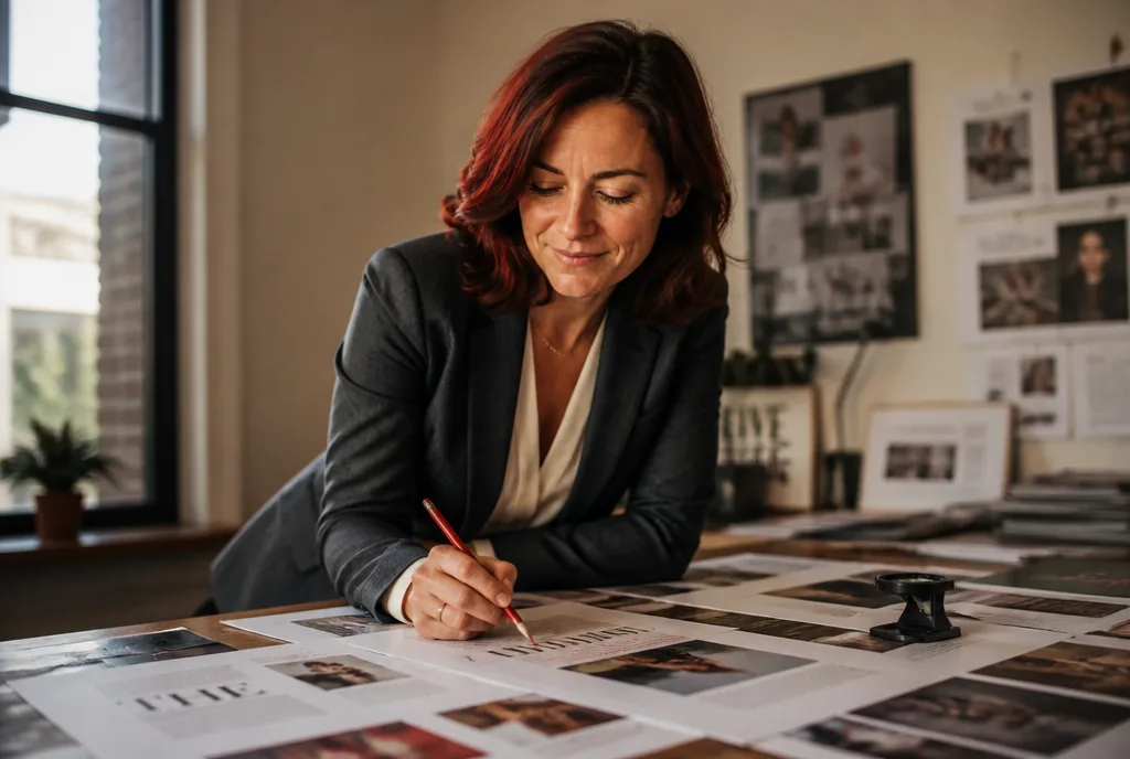 Maren marking magazine layout proofs with a red pencil