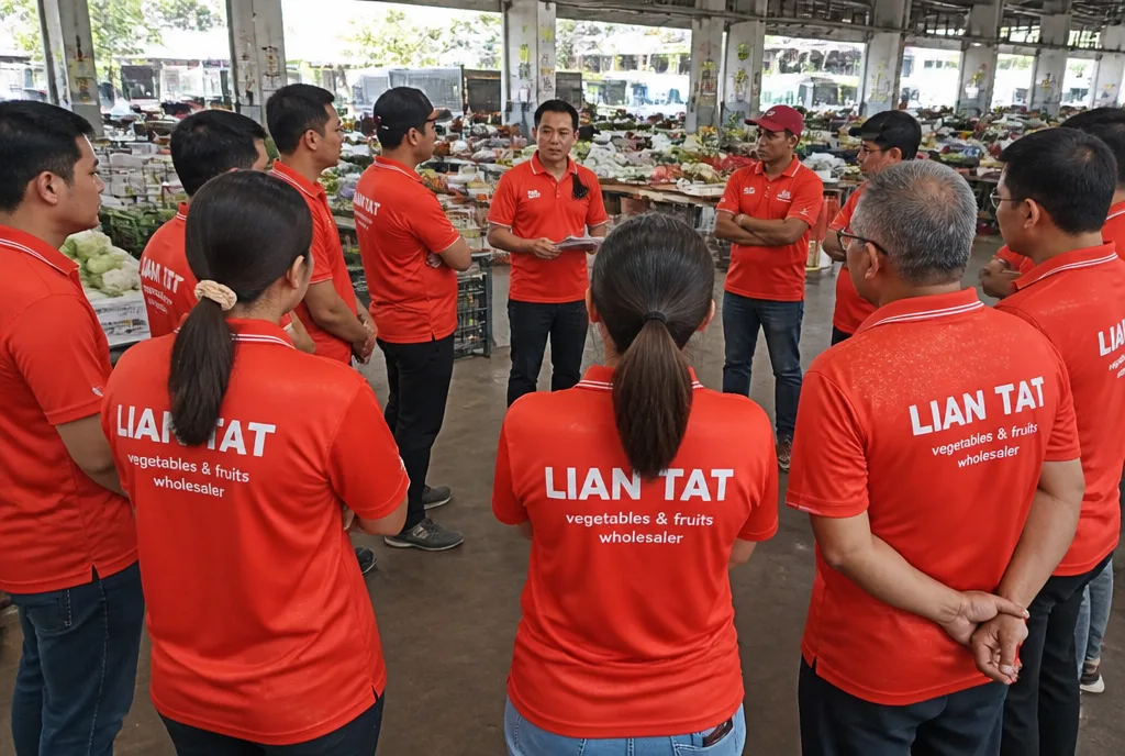 Lian Tat staff at the morning briefing in the market hall