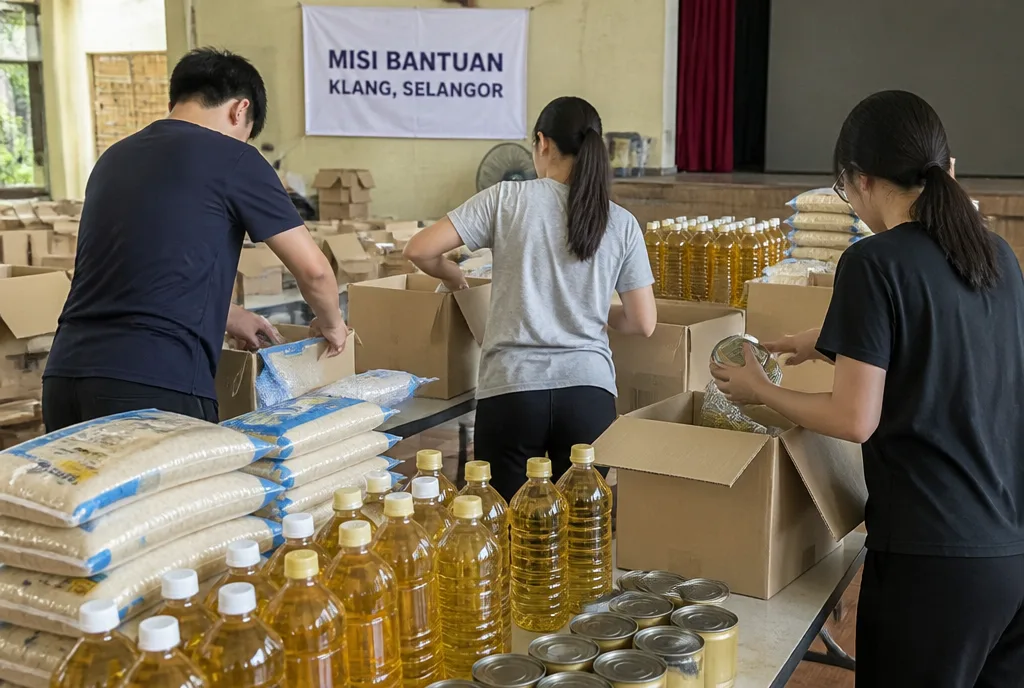 Volunteers packing aid boxes with rice and oil