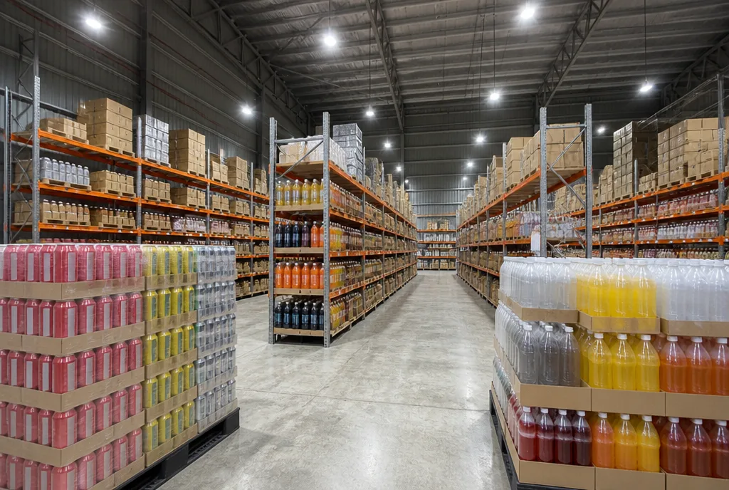 Cartons of canned drinks and bottled cordials stacked by the case