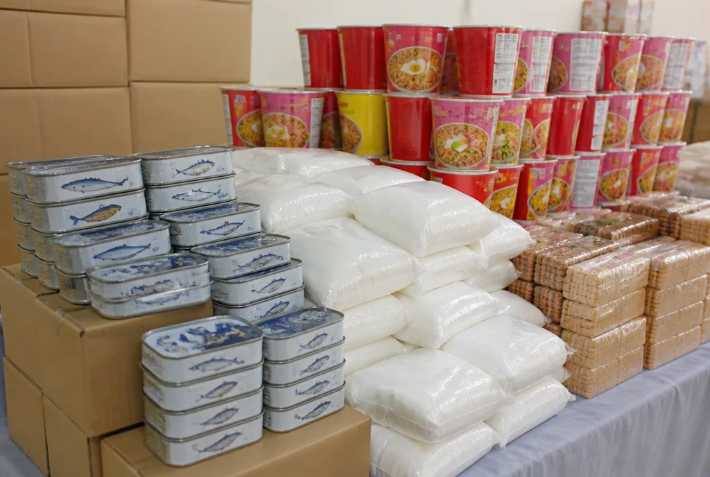 Cartons of canned food and instant noodles for food packs