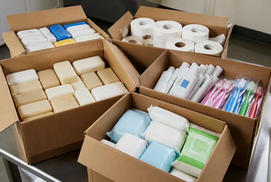 Toiletries and cleaning supplies boxed for a welfare home