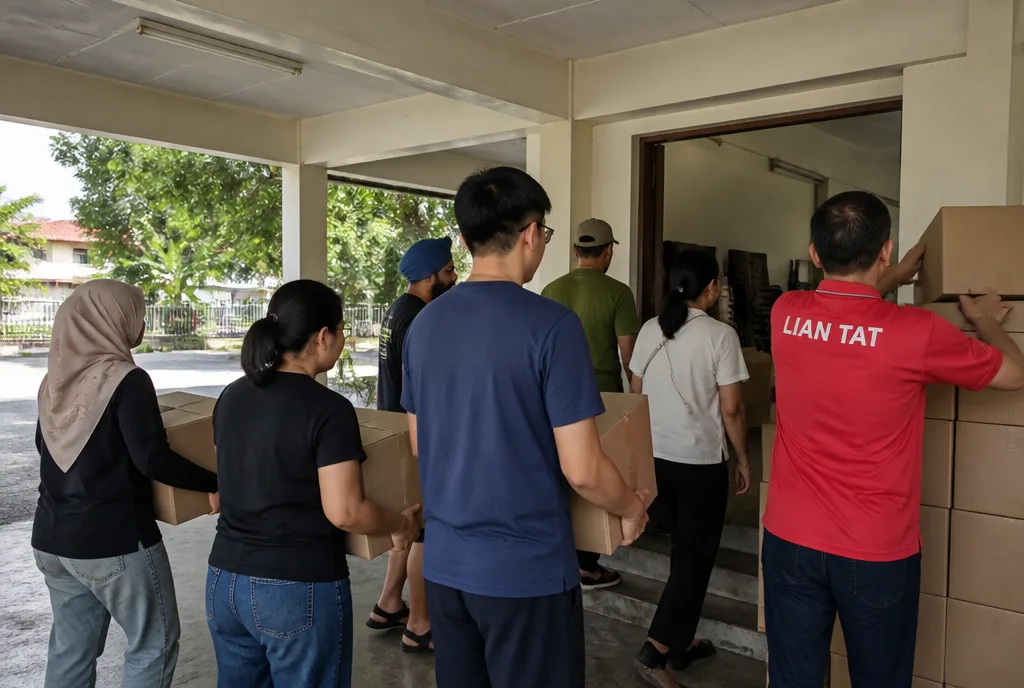 Volunteers loading boxed food aid packed by Lian Tat