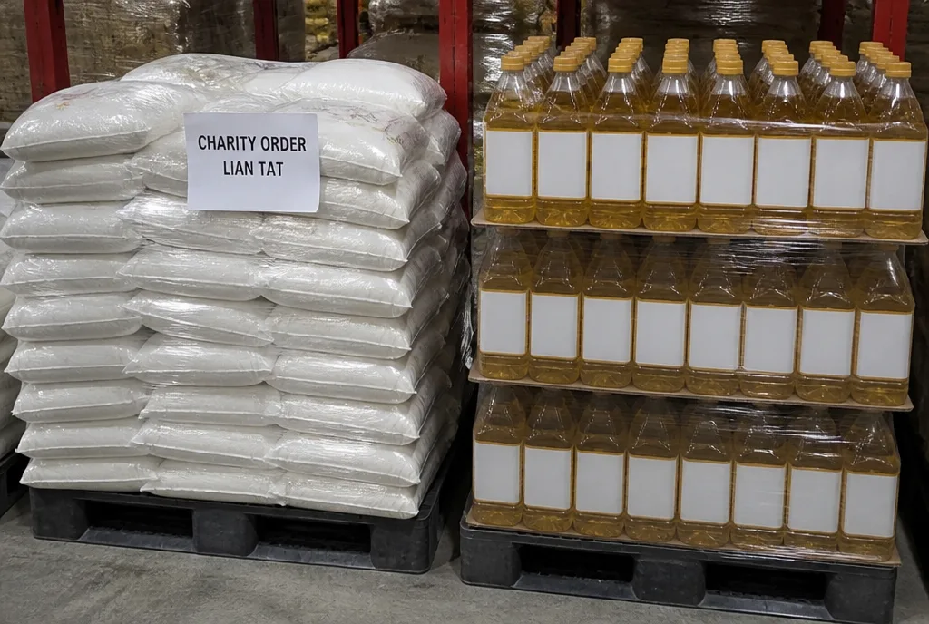 Rice bags and oil bottles staged for a charity order