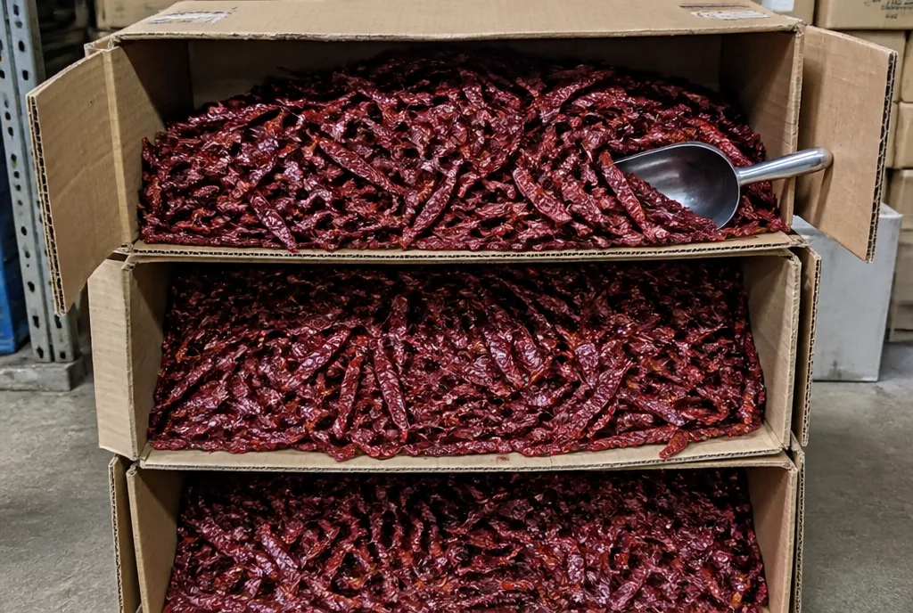 Opened cartons packed with dried red chillies