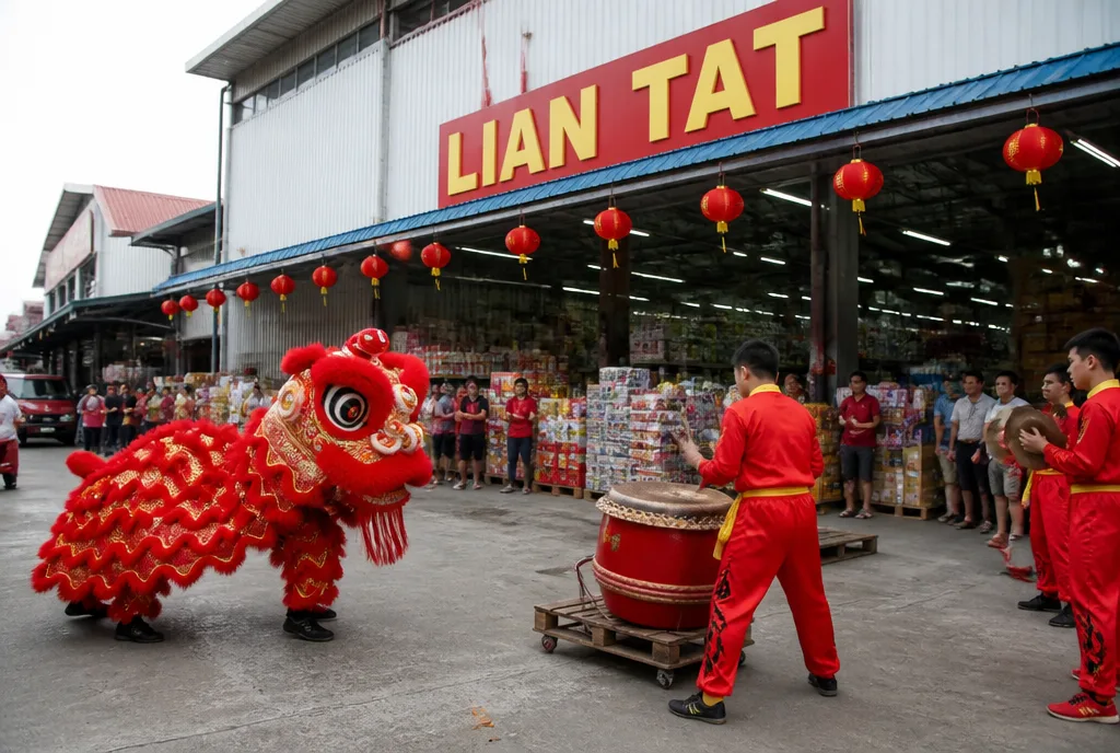 Chinese New Year lion dance at the market entrance