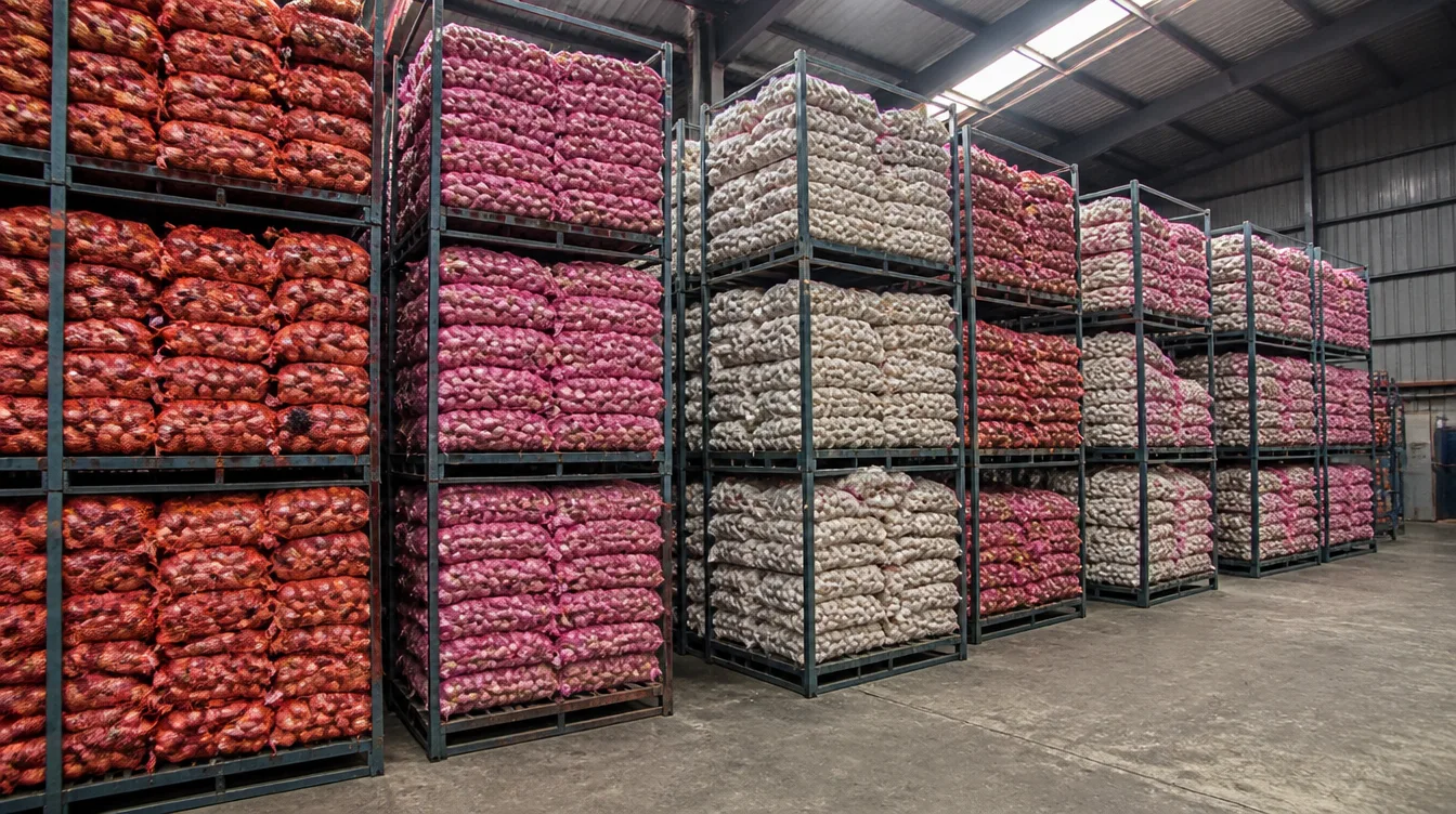 Cage racks of onion, shallot and garlic sacks in the Lian Tat market hall