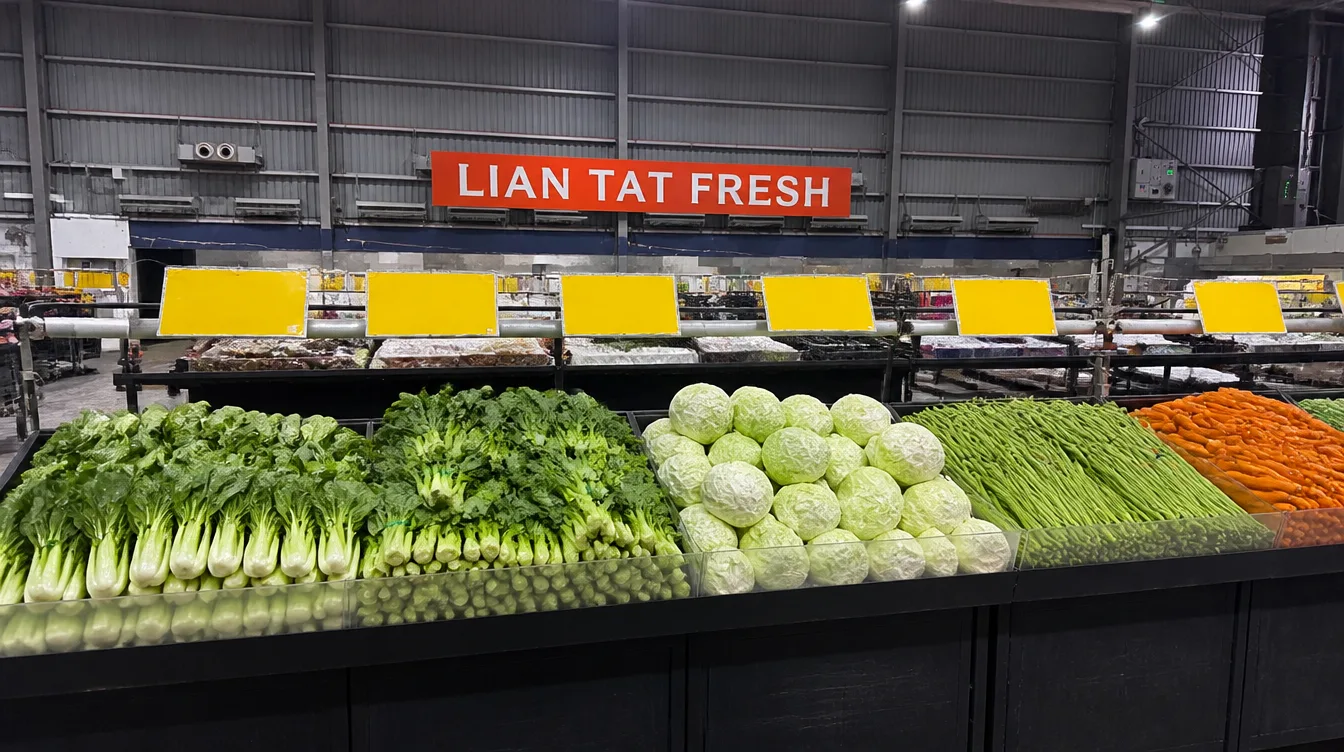 Fresh vegetable tables in the Lian Tat market hall