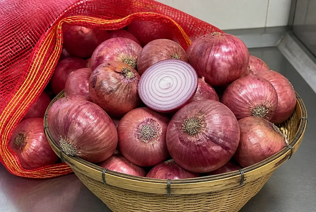 A basket of Indian big onions with one cut in half