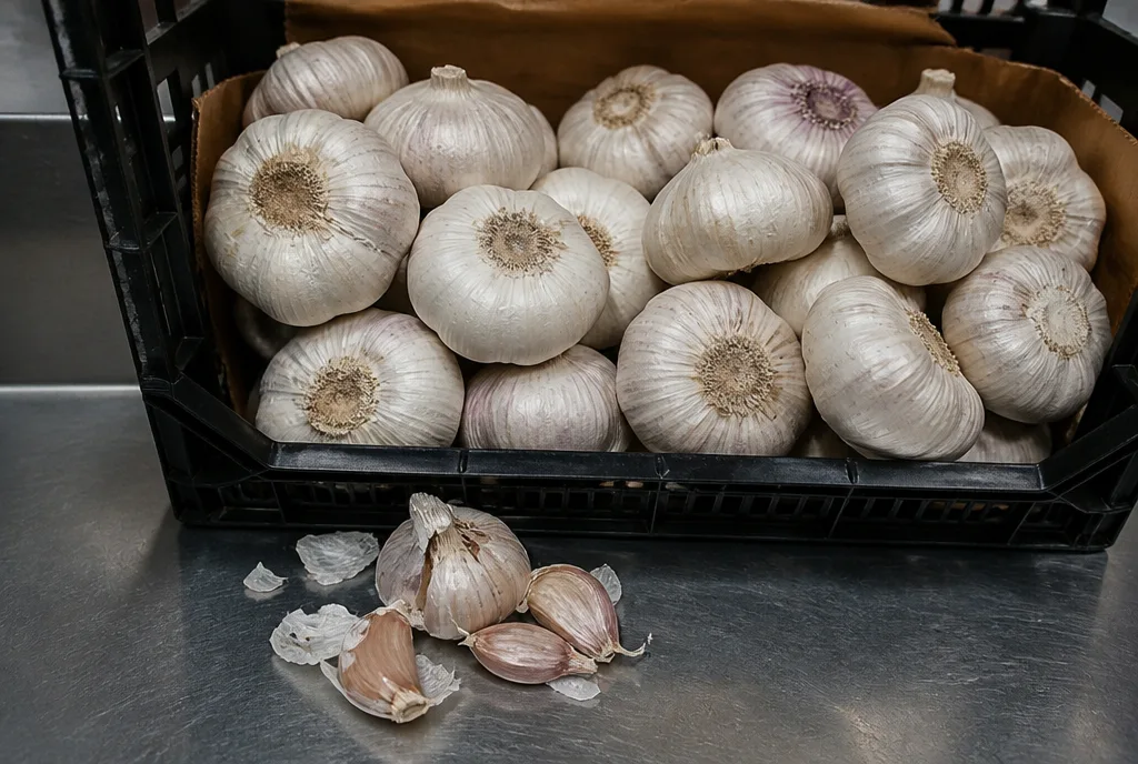 A crate of white China garlic bulbs