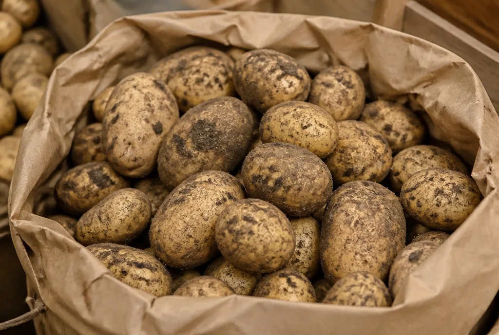 Unwashed Holland potatoes in a paper sack