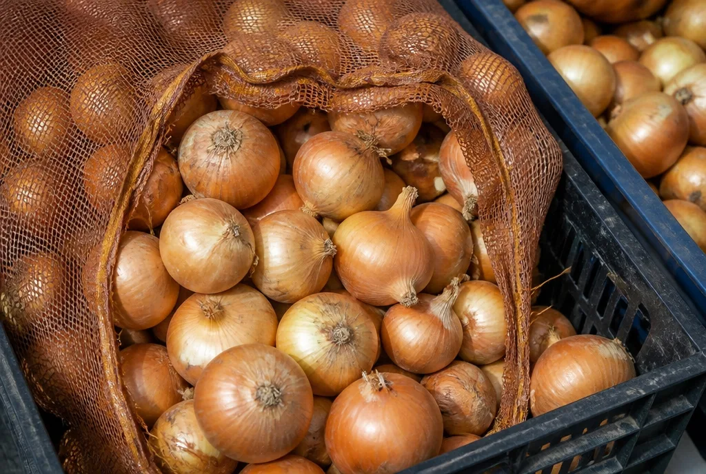 Holland yellow onions in a mesh sack