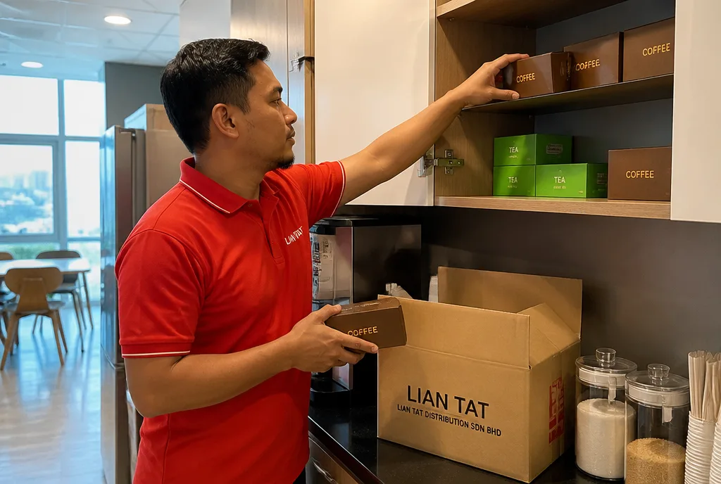Lian Tat staff restocking an office pantry cupboard