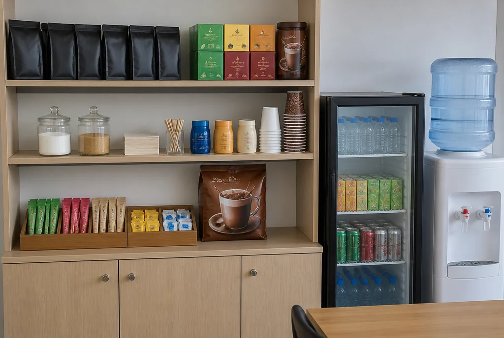 A neatly stocked office pantry shelf