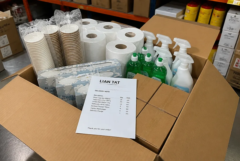 Paper cups, tissue rolls and cleaning bottles packed for an office