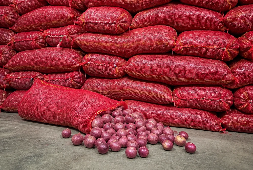 A wall of red mesh sacks of Indian big onions, one sack cut open