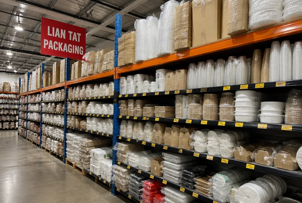 Stacks of takeaway containers and paper cups in the packaging aisle