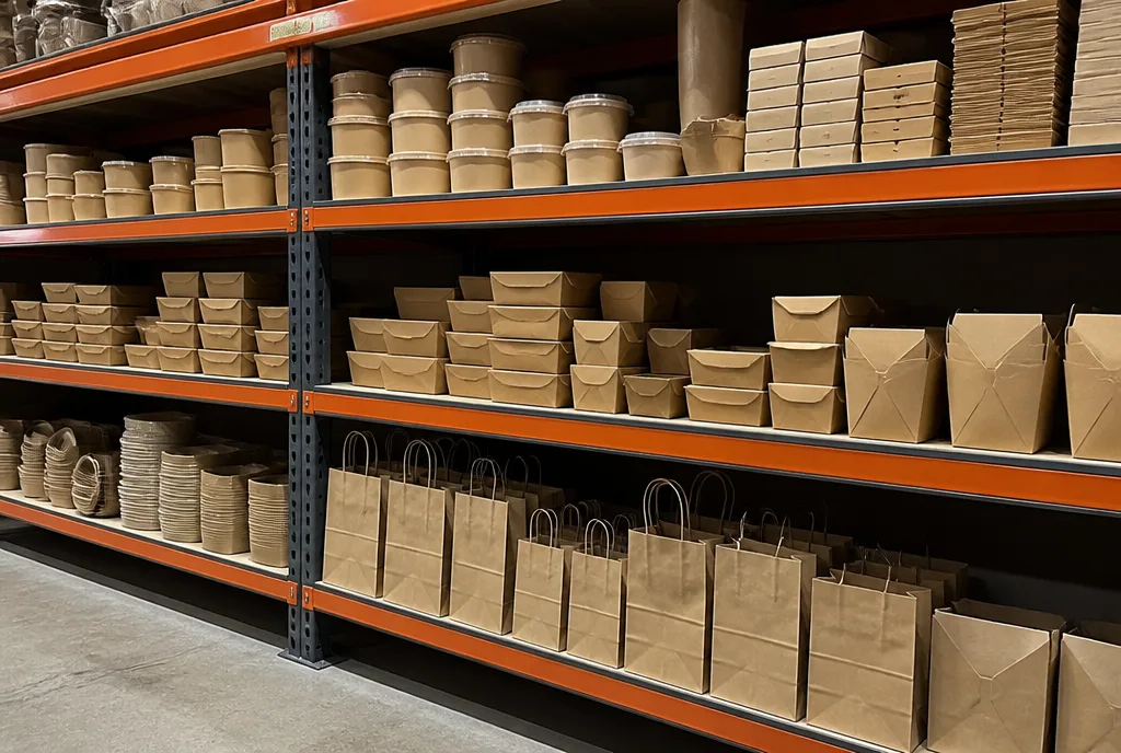 Shelves of kraft boxes and paper bags