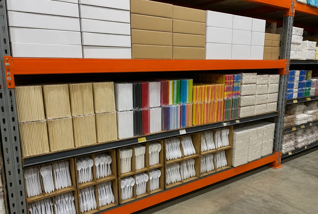 Shelves of boxed cutlery and straws