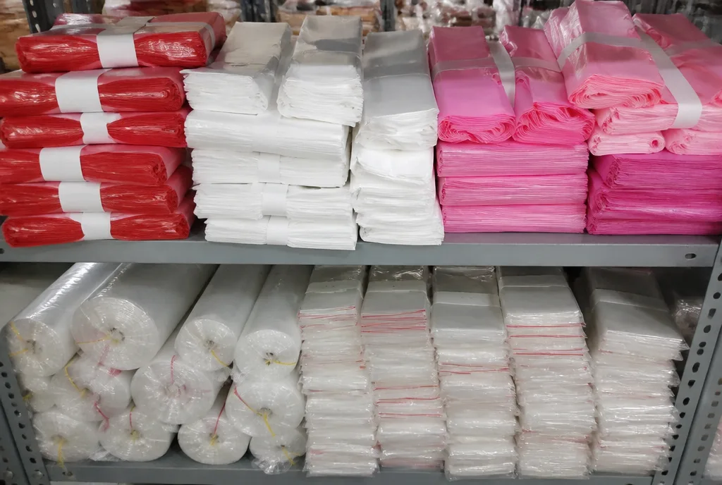 Bundles of plastic carrier bags and roll bags