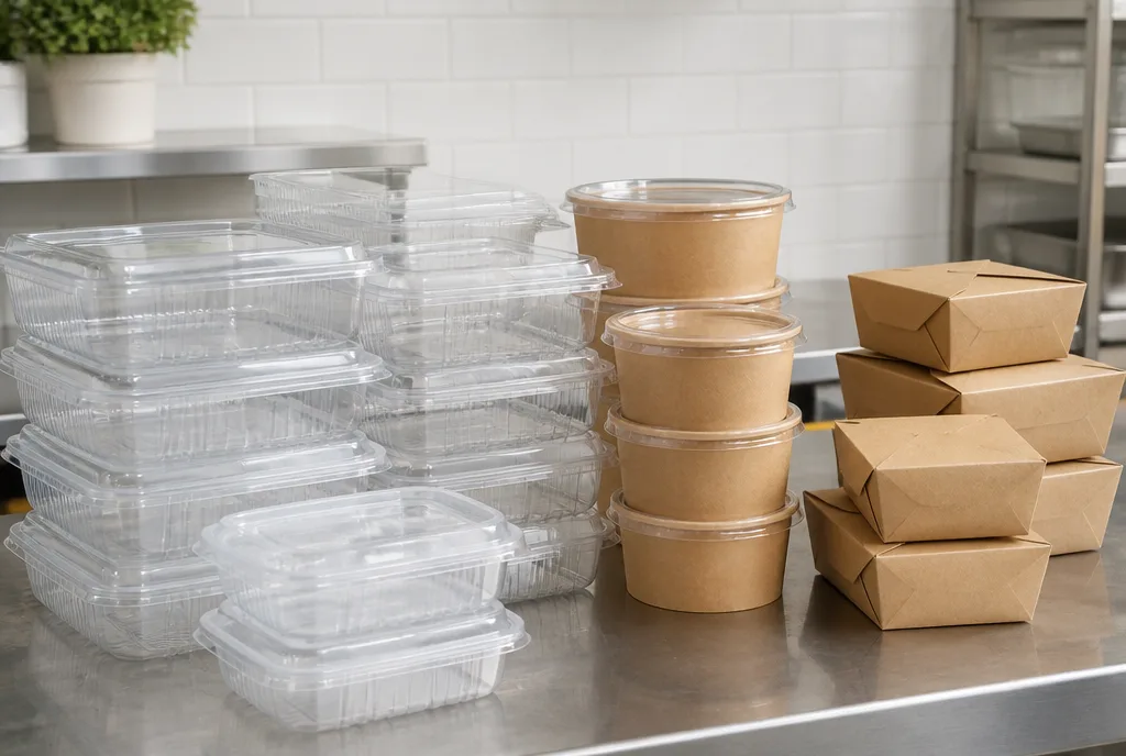 Stacks of clear takeaway containers and kraft lunch boxes