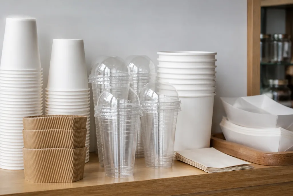 Sleeves of paper cups and stacked paper bowls