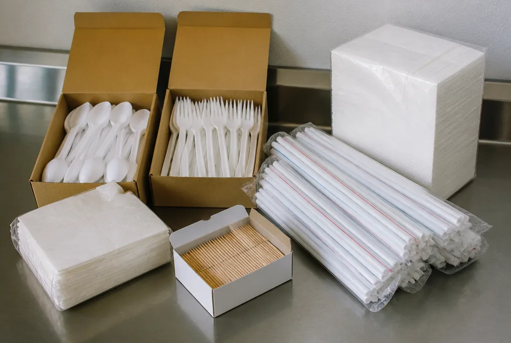 Boxes of disposable spoons, straws and serviettes
