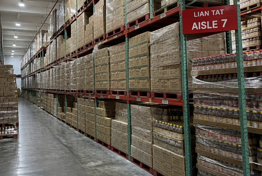 Racked cartons and staples in the Lian Tat store