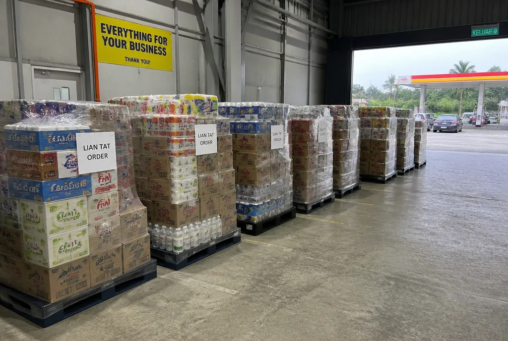 Stock staged for picking in the Lian Tat store